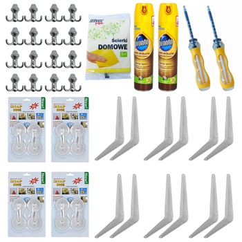 Pachet - 12 x Consola rafturi, 25x20 cm + 2 x Surubelnita doua capete in cruce si dreapta + 16 x Cuier cu 2 agatatoare + 2 x Pronto lemn curat, 400ml + 4 x Set agatatoare cu ventuza, 4buc/set + Set Lavete uscate, 3buc Pachet - 12 x Consola rafturi, 25x20 cm + 2 x Surubelnita doua capete in cruce si dreapta + 16 x Cuier cu 2 agatatoare + 2 x Pronto lemn curat, 400ml + 4 x Set agatatoare cu ventuza, 4buc/set + Set Lavete uscate, 3buc