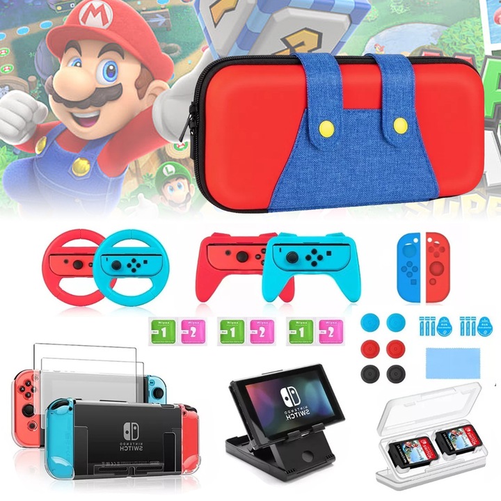 Комплект аксесоари за игрална конзола, 26 в 1, BIGLISTENING®, Аксесоари за игрална дъска, Чифт волани Joy-Con, Съвместим с Nintendo Switch/Switch OLED, Многоцветен