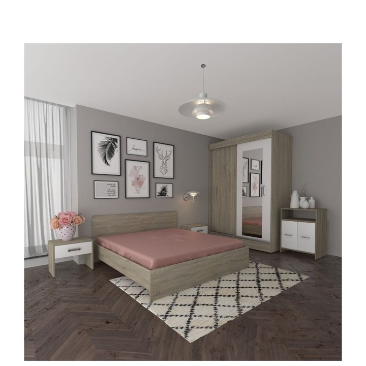 Dormitor ines sonoma Pat : 200 x 80 x 160 + comoda 63.6 X 72.5 X 42