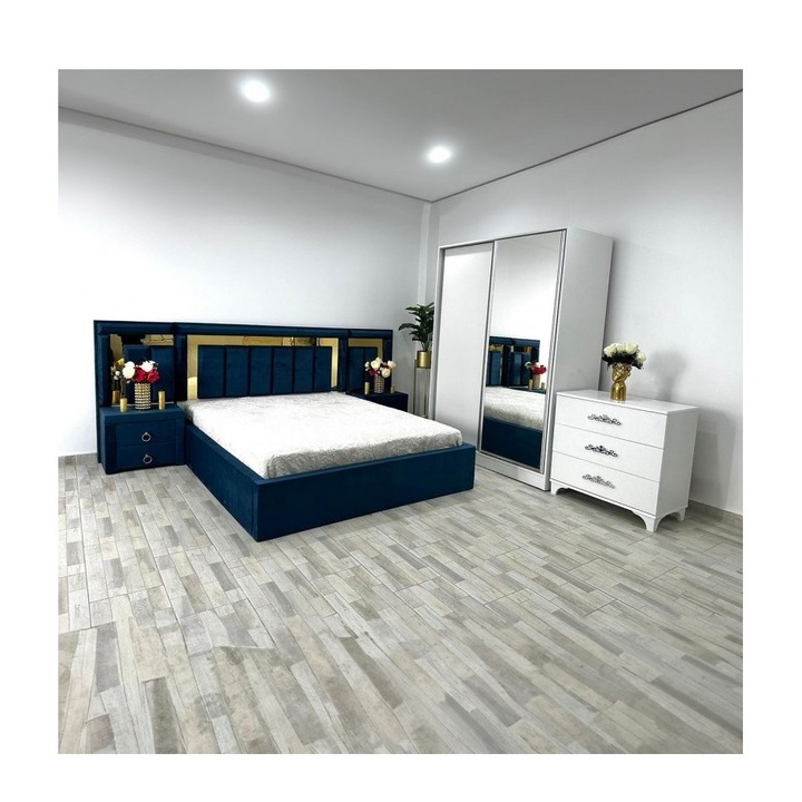 Dormitor Ven06 Albastru Pat - L 200cm / L 160cm / I 118cm + Comoda L 82cm / I 92cm / L 43cm