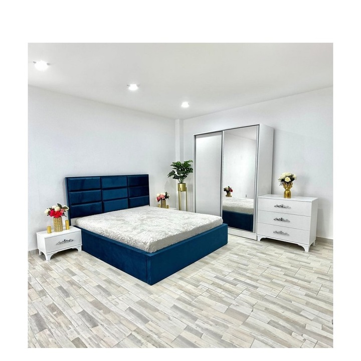 Dormitor ven09 albastru noptiere +dulap+comoda cu oglinda Pat - Lungime 200cm / Latime 160cm