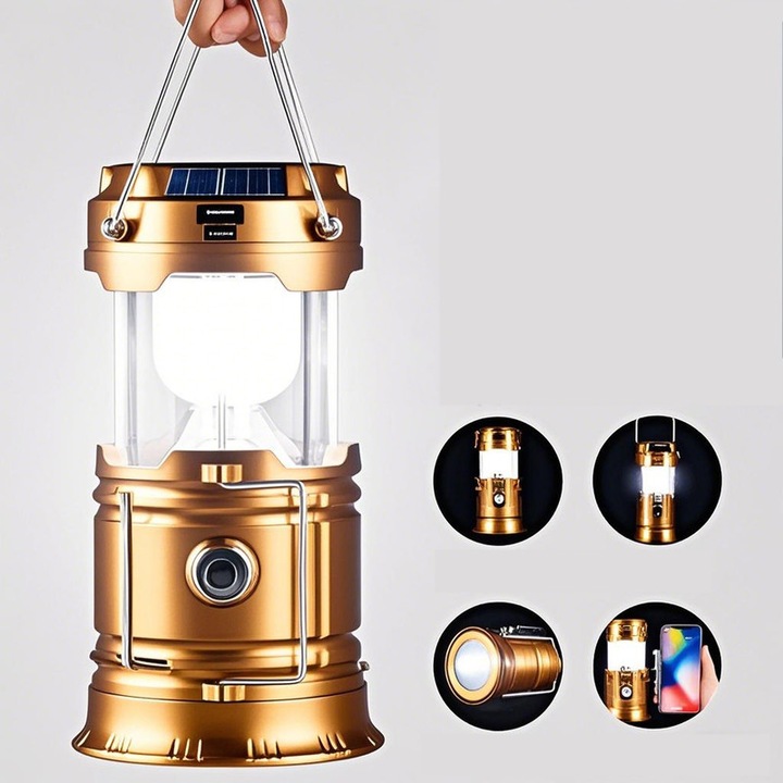 Преносим фенер 3 в 1, супер ярък, със слънчева или USB зареждане, за къмпинг, лов, риболов