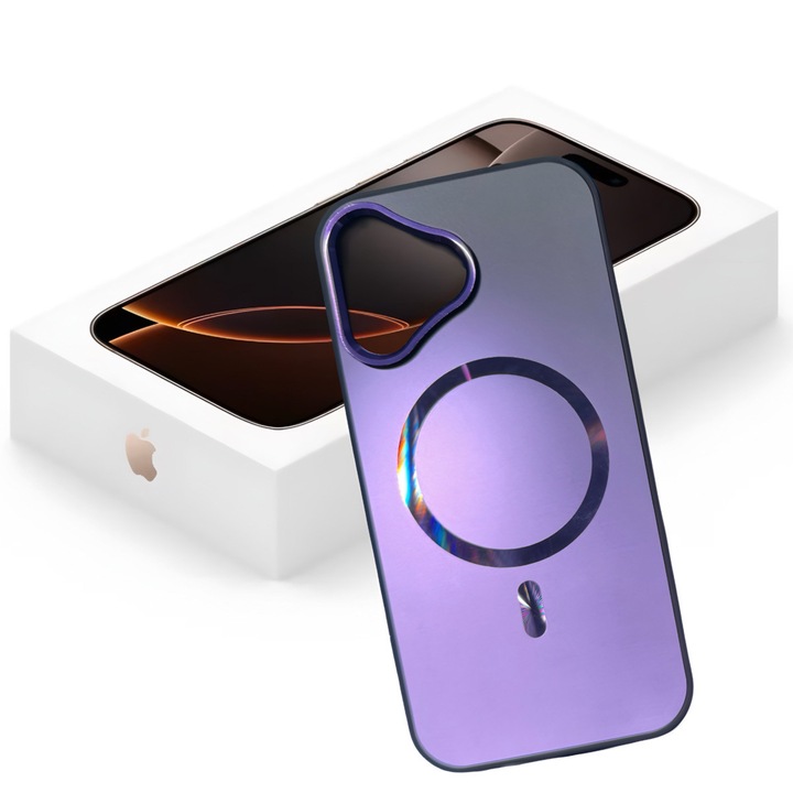 Калъф за iPhone 15, съвместим с MagSafe, защита на камерата, метален вид, лилав цвят