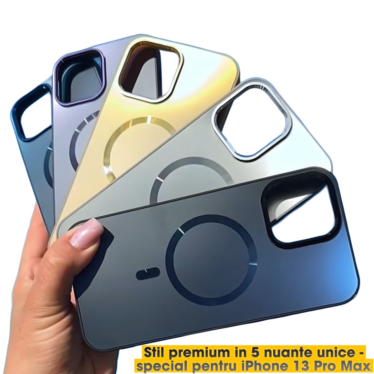 Husa Pentru iPhone 13 ProMax, Compatibila MagSafe, Protectie Camera, Look Metalic, Culoare Albastru