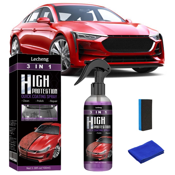 Спрей за керамично покритие за автомобили 3 в 1, Lecheng®, предпазва боя, устойчив на масло, вода и надраскване, с гъби и кърпи за почистване, 100 мл