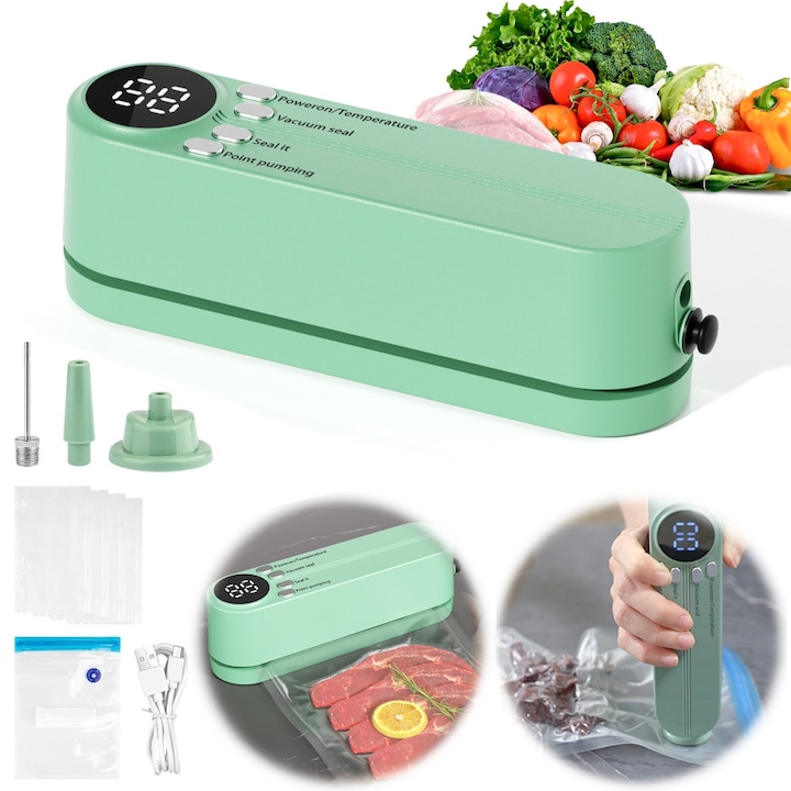 Aparat de vidat si sigilat alimente portabil, 3 in 1, pentru alimente solide si lichide, 30 cm, verde, cu 5 pungi pentru gustari