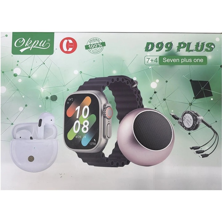 Комплект D99 Plus със смарт часовник, Welora, Cлушалки за уши, Bисокоговорител и кабели за зареждане, 7 гривни за часовник, Mногоцветен