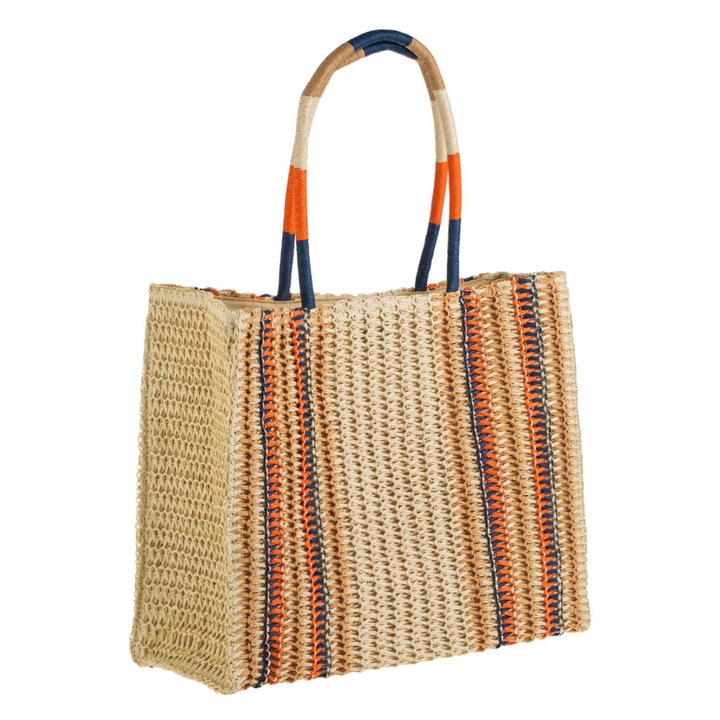 Bézs színű, szalmaszálas válltáska színes fogantyúkkal nőknek 43x15.5x34cm