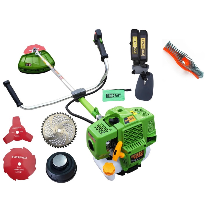 Motocoasa 2 timpi ProCraft T4350, 6 CP, 9000 RPM, 4 Tipuri de taiere, Ham dublu + Perie pentru indepartarea pete placi ceramice