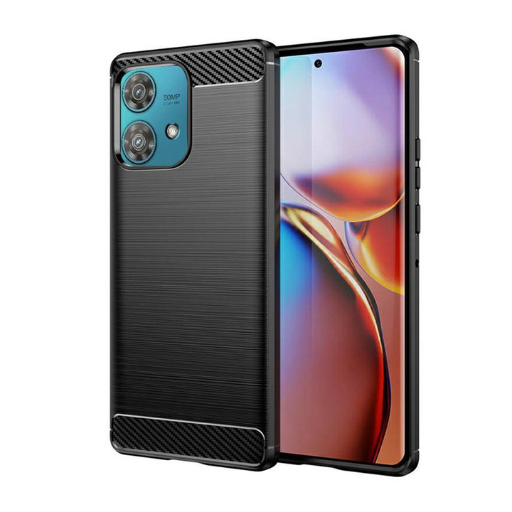 Карбонов калъф за телефон, съвместим с Motorola Edge 50 Fusion, брониран удароустойчив G-Tech, матово покритие, черен
