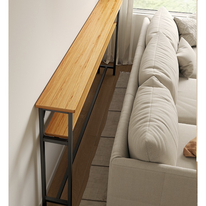 Raft/Etajera Slim pentru Spatele Patului, cu Blat din Lemn si Cadru Metalic, 2 Polite, Design Industrial, Economisire Spatiu – Ideal pentru Dormitor