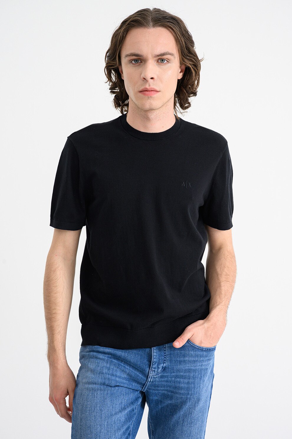 ARMANI EXCHANGE, Tricou de bumbac cu decolteu la baza gatului, Negru, M