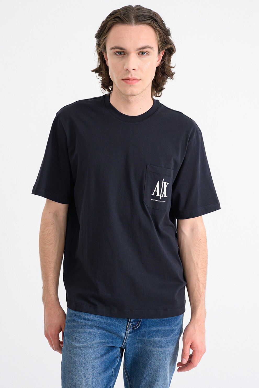 ARMANI EXCHANGE, Tricou cu decolteu la baza gatului si buzunar pe piept, Albastru ultramarin, XL