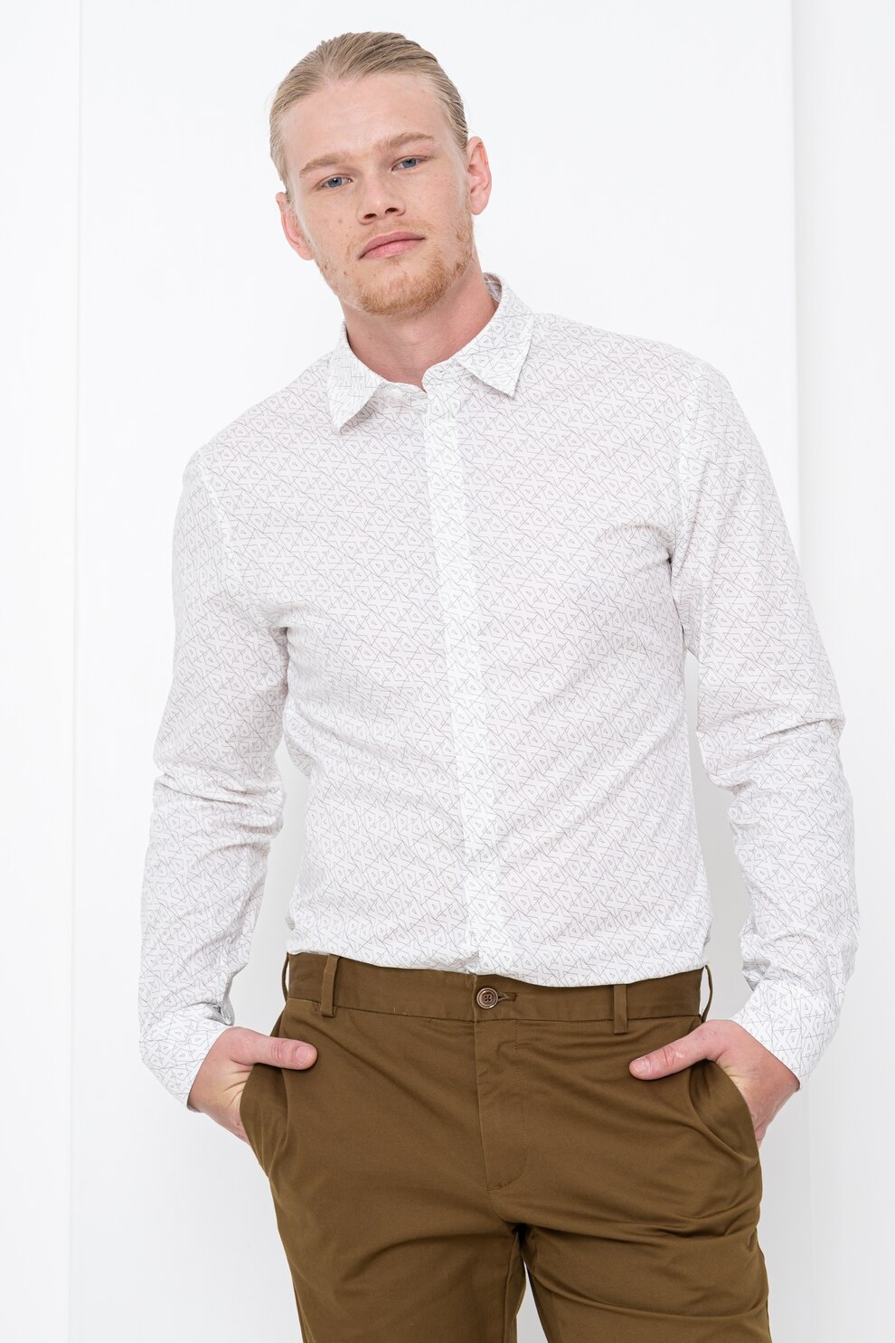 ARMANI EXCHANGE, Camasa cu maneci lungi si model monograma, Alb, Kaki, XL