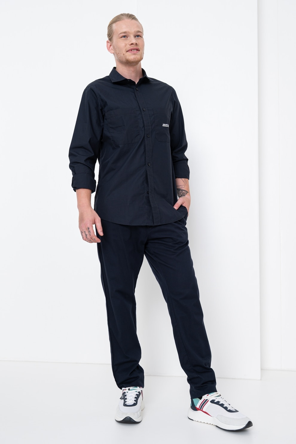 ARMANI EXCHANGE, Camasa cu maneci lungi si logo, Albastru ultramarin, M