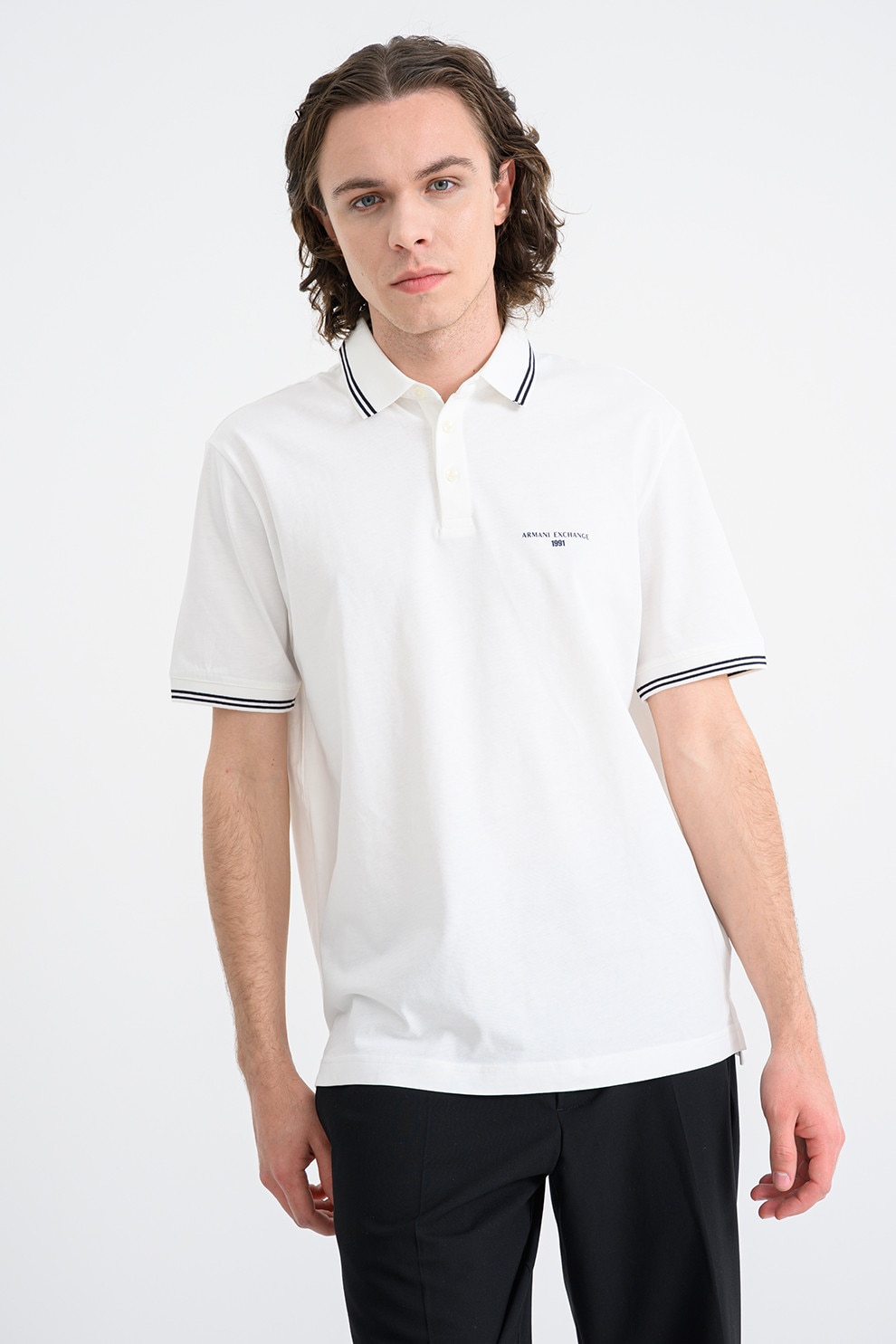 ARMANI EXCHANGE, Tricou polo cu benzi contrastante, Alb, Negru, M