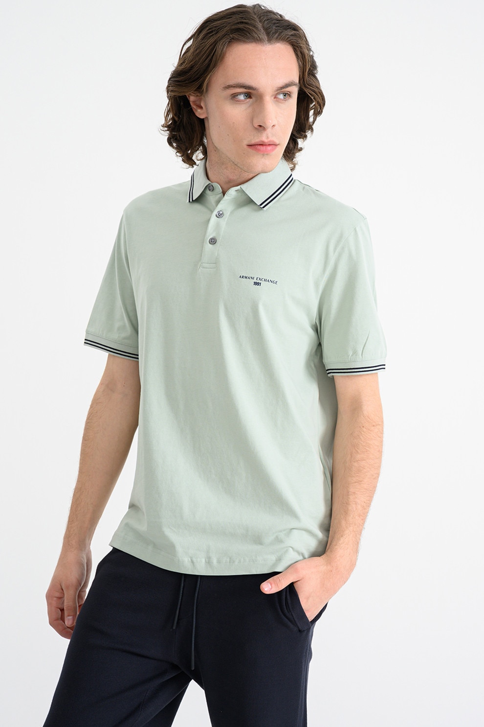 ARMANI EXCHANGE, Tricou polo cu benzi contrastante, Verde pal, L