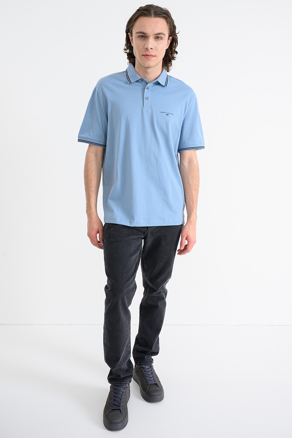 ARMANI EXCHANGE, Tricou polo cu benzi contrastante, Negru, Albastru prafuit, M