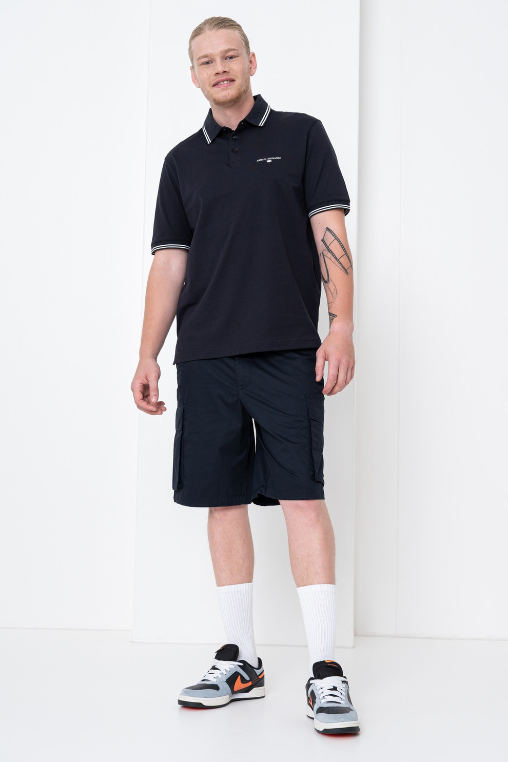 ARMANI EXCHANGE, Tricou polo cu benzi contrastante, Bleumarin, XL