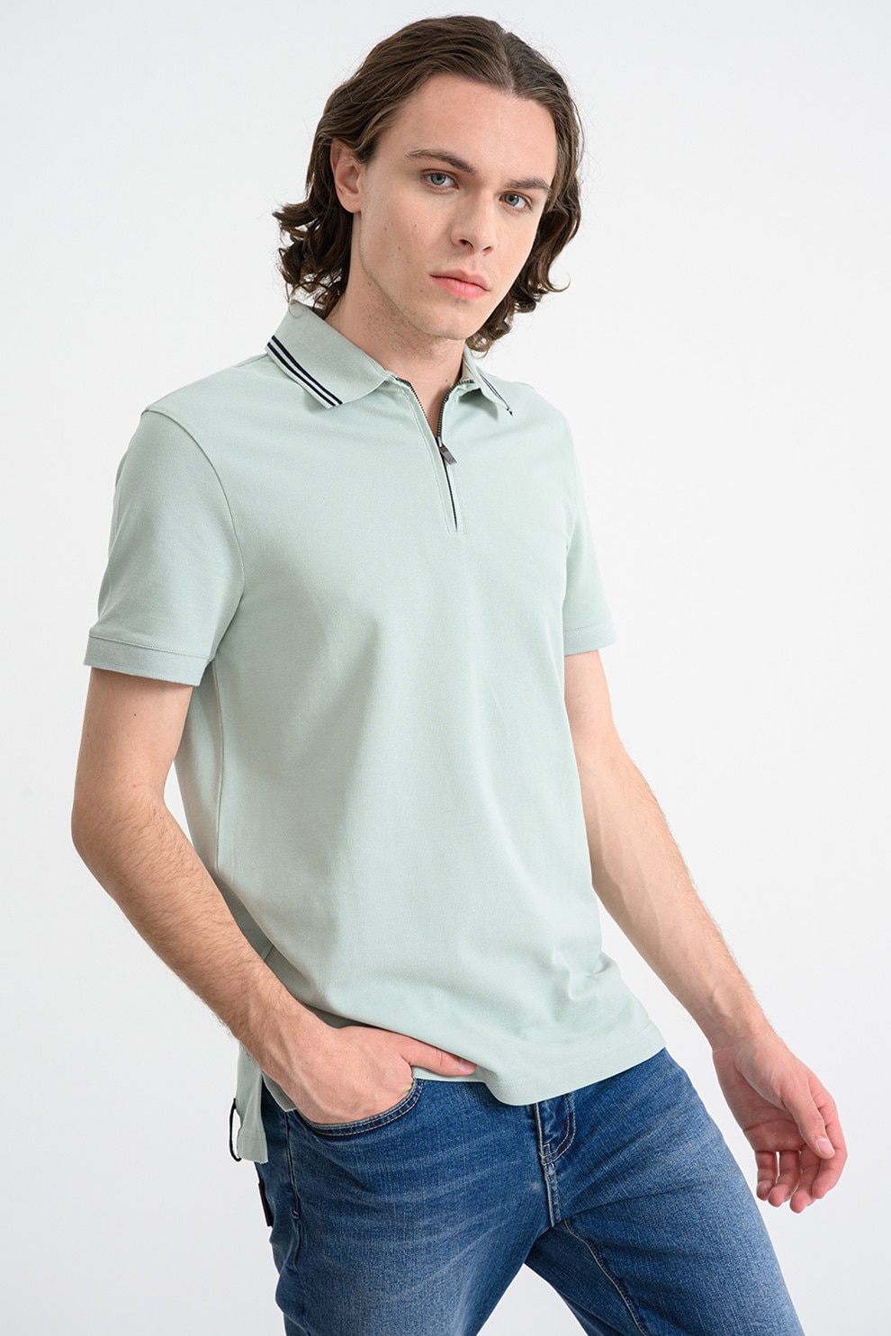ARMANI EXCHANGE, Tricou polo din bumbac cu fermoar scurt, Verde pal, M