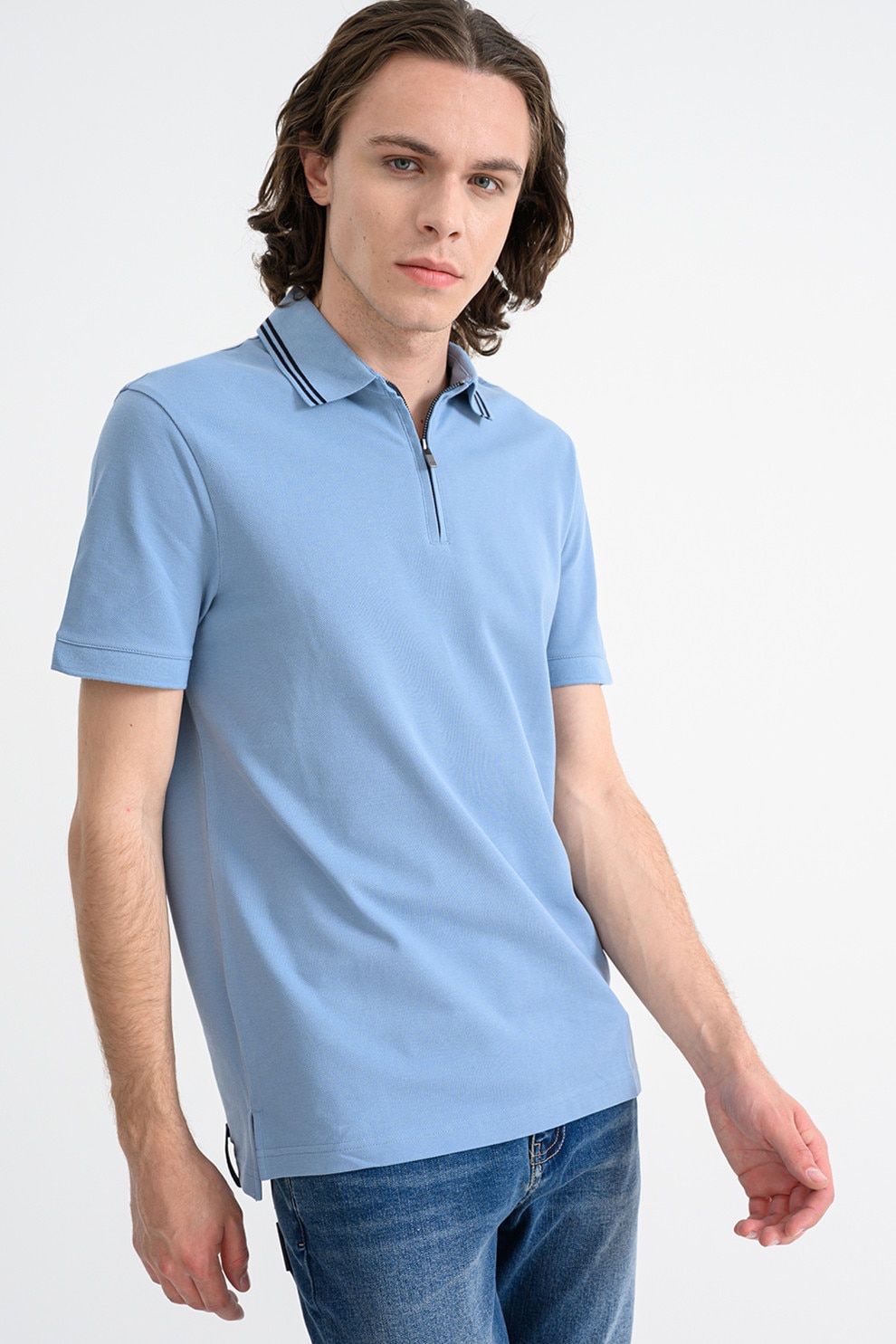 ARMANI EXCHANGE, Tricou polo din bumbac cu fermoar scurt, Negru, Albastru lavanda, L