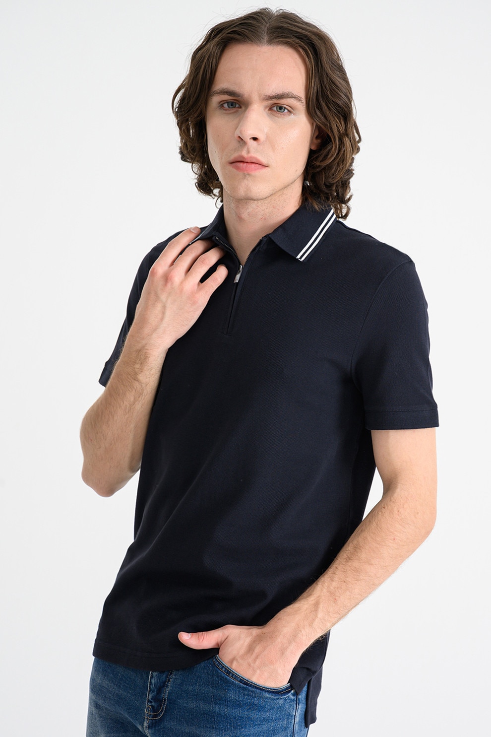 ARMANI EXCHANGE, Tricou polo din bumbac cu fermoar scurt, Alb, Albastru ultramarin, M