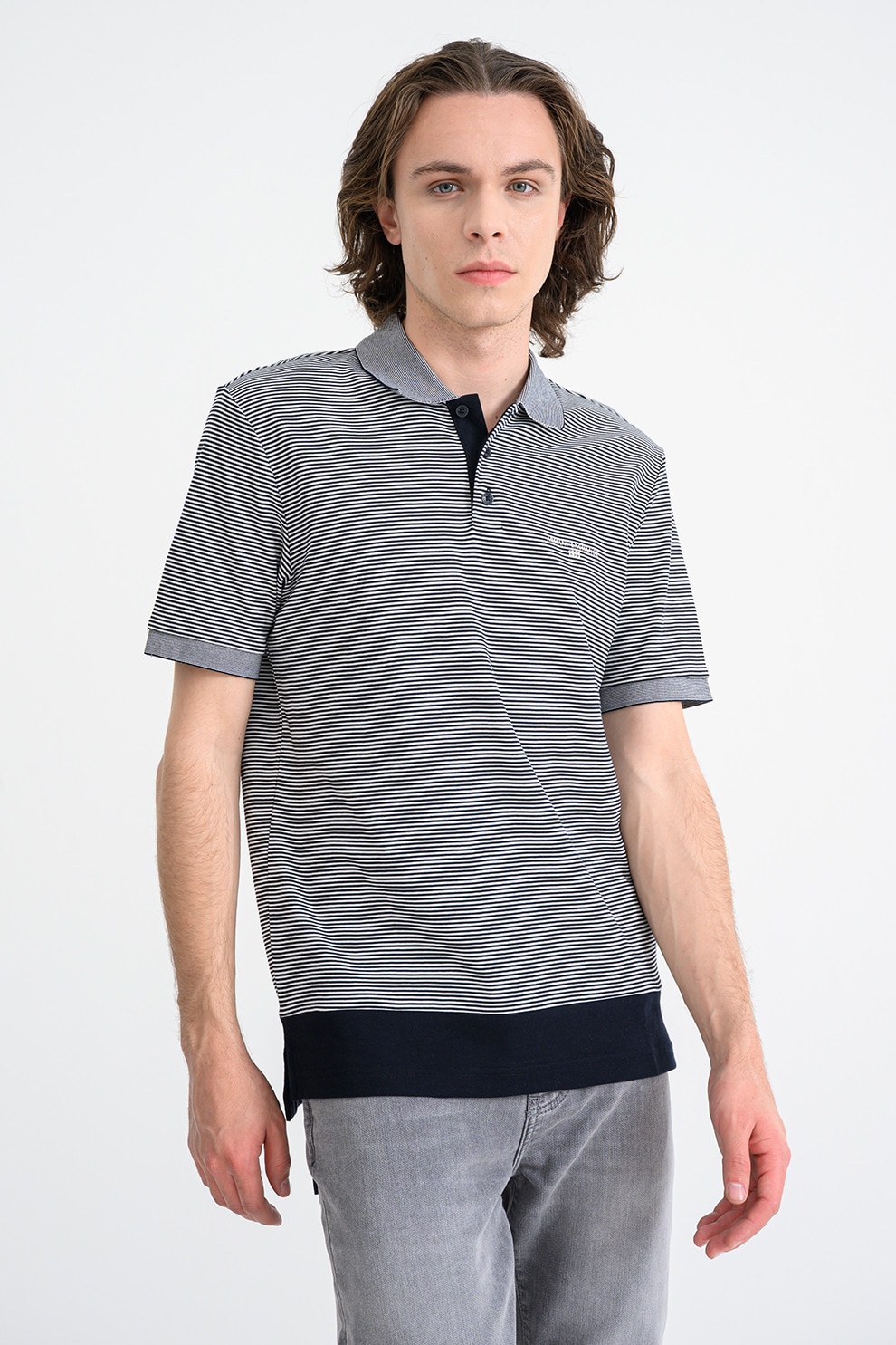 ARMANI EXCHANGE, Tricou polo cu dungi, Alb, Albastru ultramarin, M