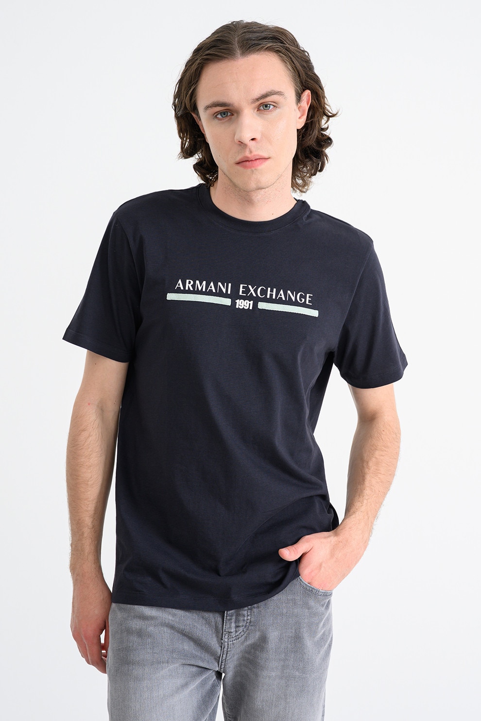 ARMANI EXCHANGE, Tricou din bumbac cu imprimeu, Alb, Albastru ultramarin, Verde pal, L