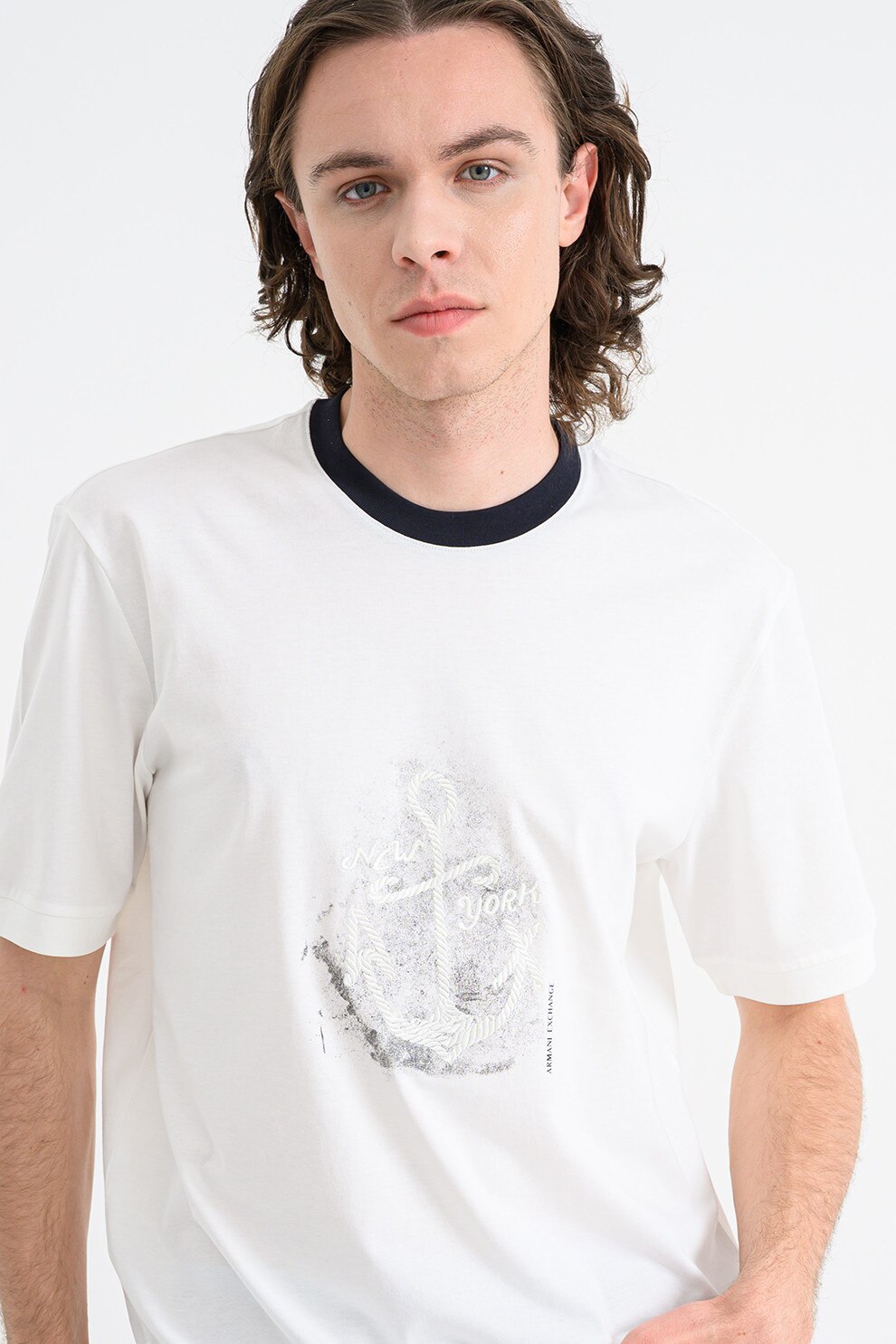 ARMANI EXCHANGE, Tricou de bumbac cu decolteu la baza gatului, Negru, Alb murdar, Gri inchis, S