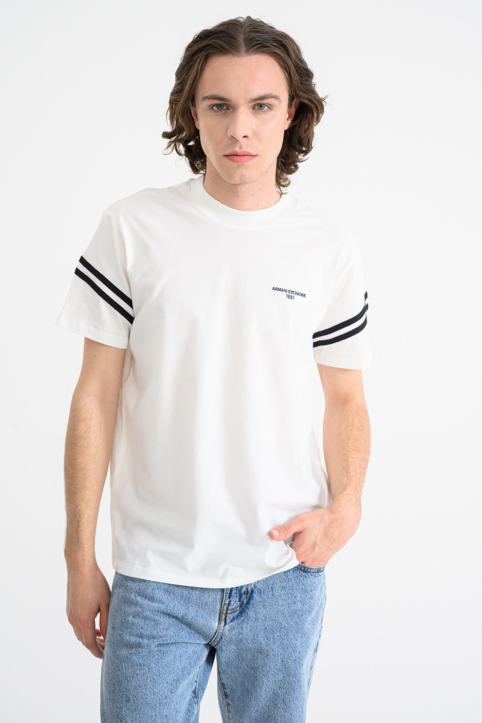 ARMANI EXCHANGE, Tricou cu accente in dungi, Alb, Negru, M