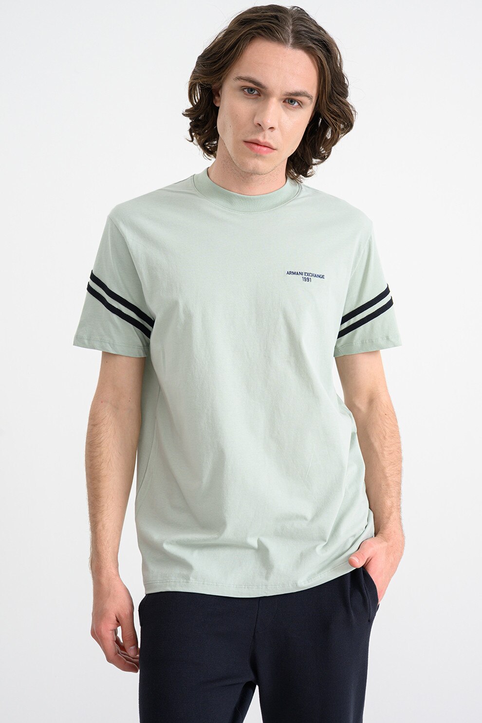 ARMANI EXCHANGE, Tricou cu accente in dungi, Negru, Verde pal, L