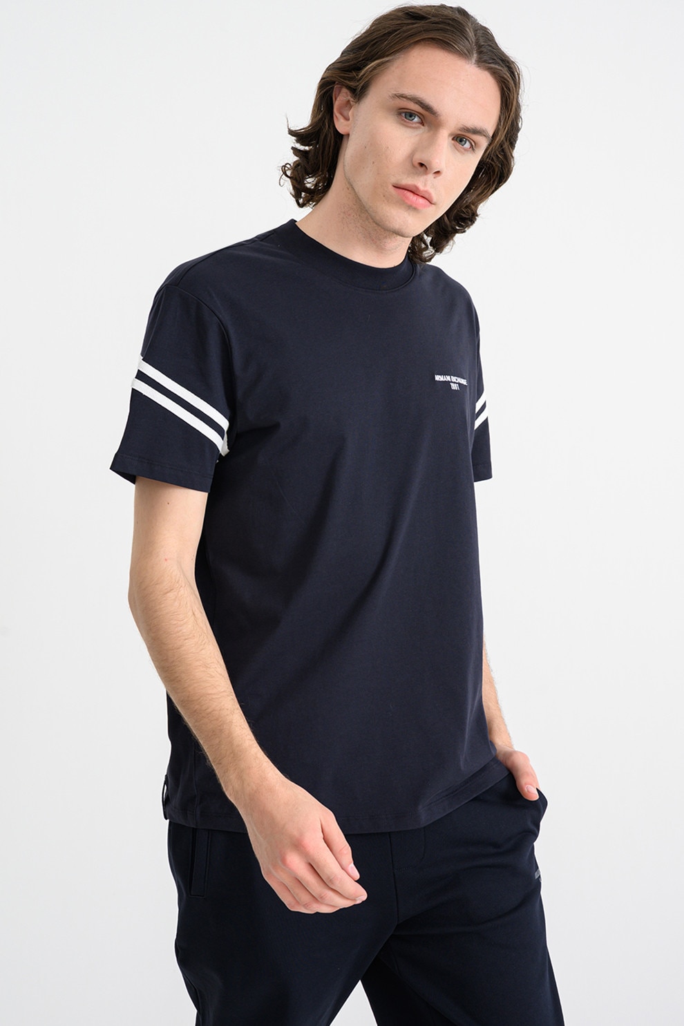 ARMANI EXCHANGE, Tricou cu accente in dungi, Alb, Albastru ultramarin, M