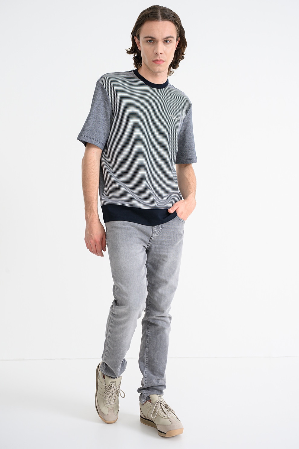 ARMANI EXCHANGE, Tricou cu decolteu la baza gatului si dungi, Alb, Albastru ultramarin, XL