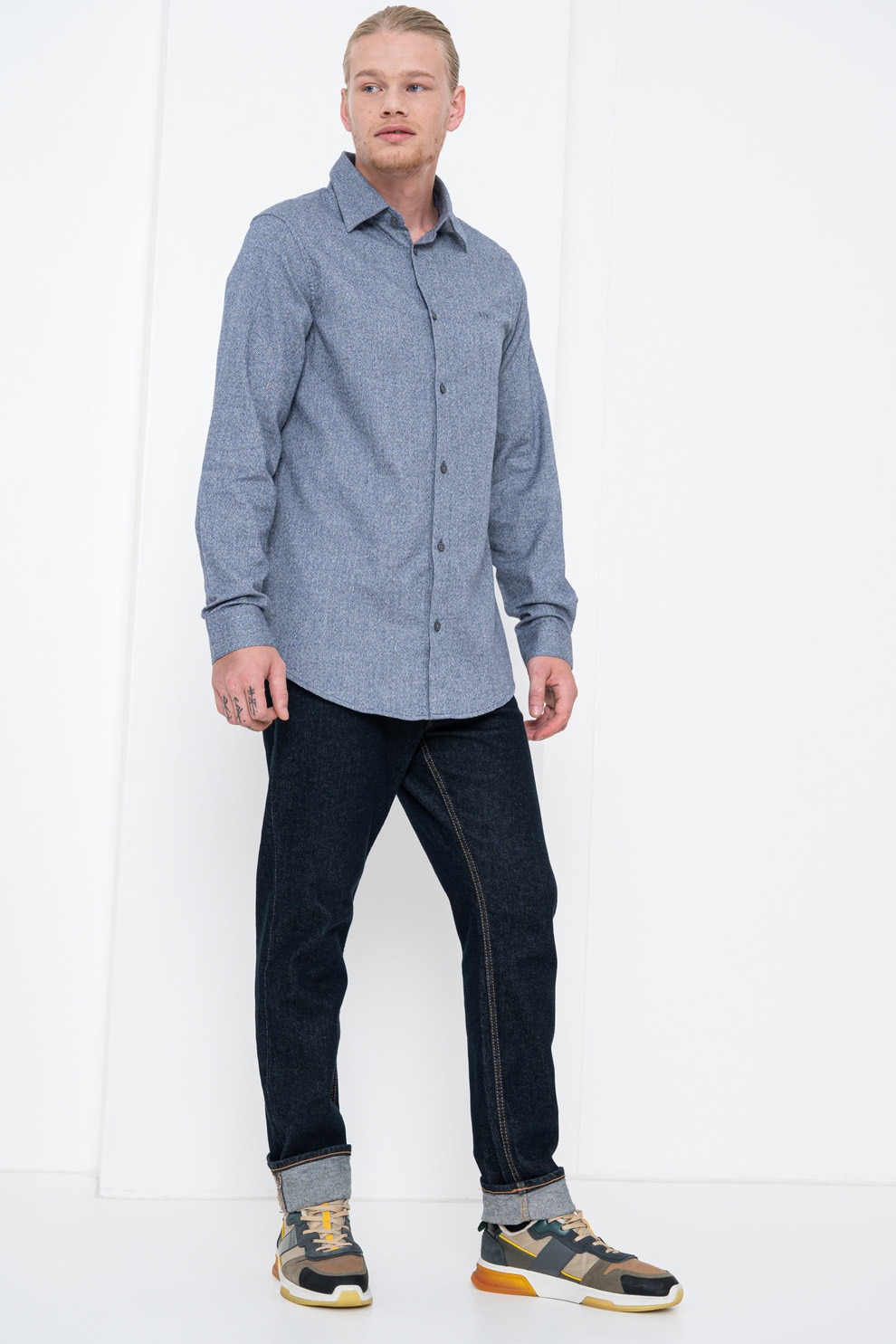 ARMANI EXCHANGE, Camasa cu guler fixat cu nasturi, Albastru melange, XL