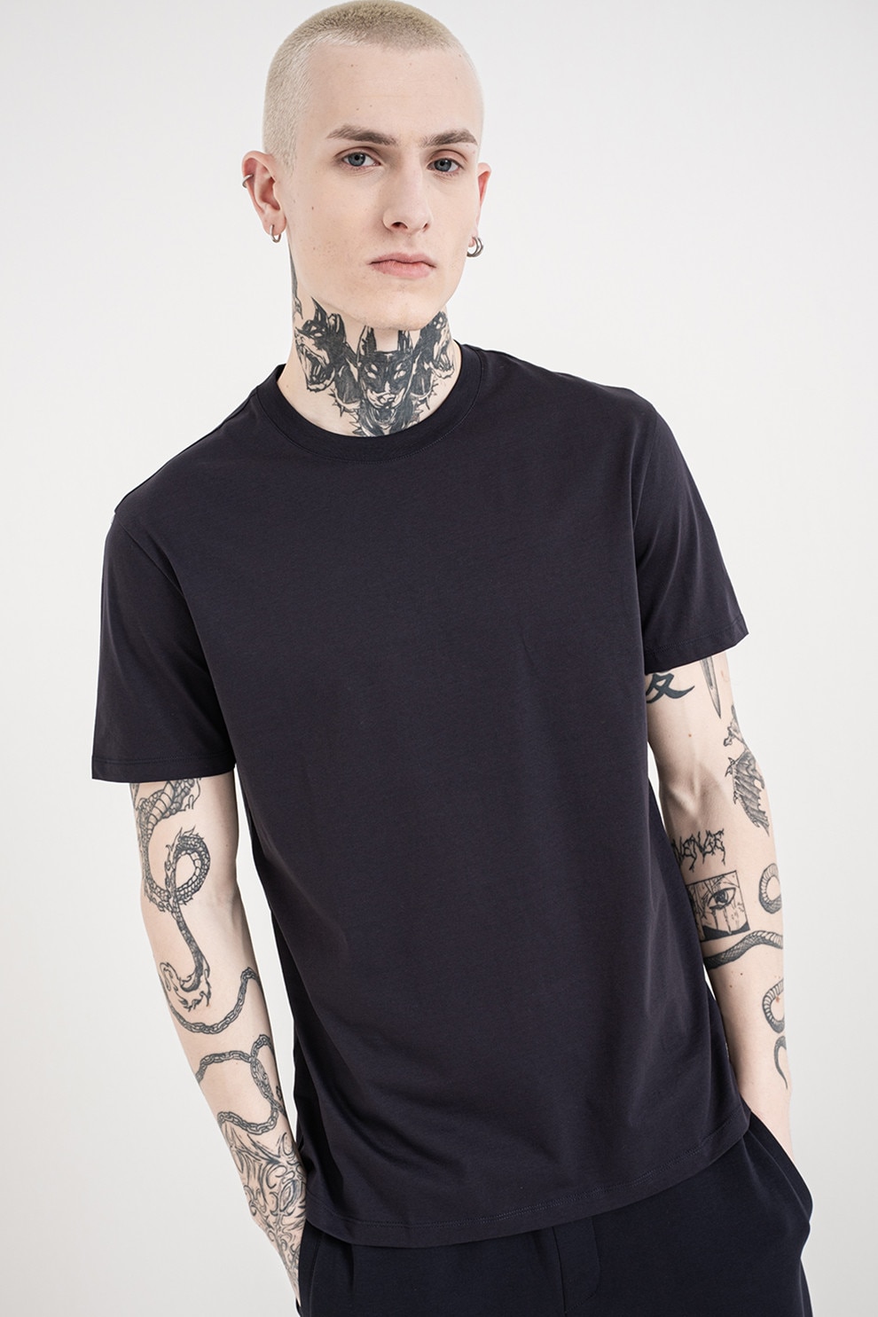 ARMANI EXCHANGE, Tricou de bumbac cu decolteu la baza gatului, Bleumarin, L