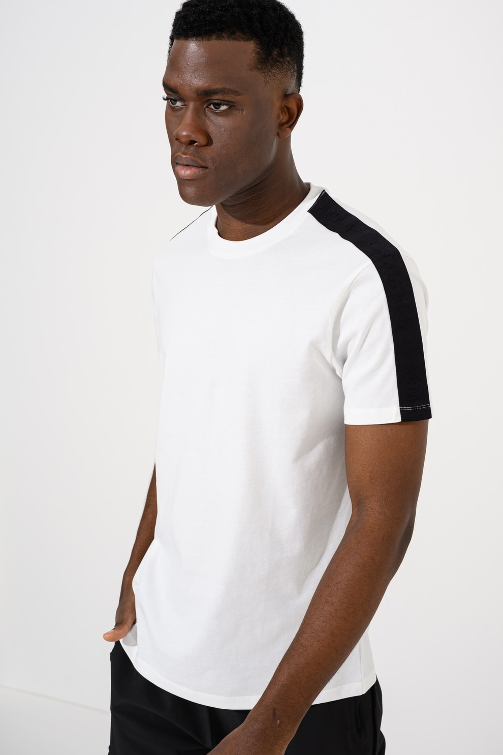 ARMANI EXCHANGE, Tricou de bumbac cu banda logo, Alb, Negru, M