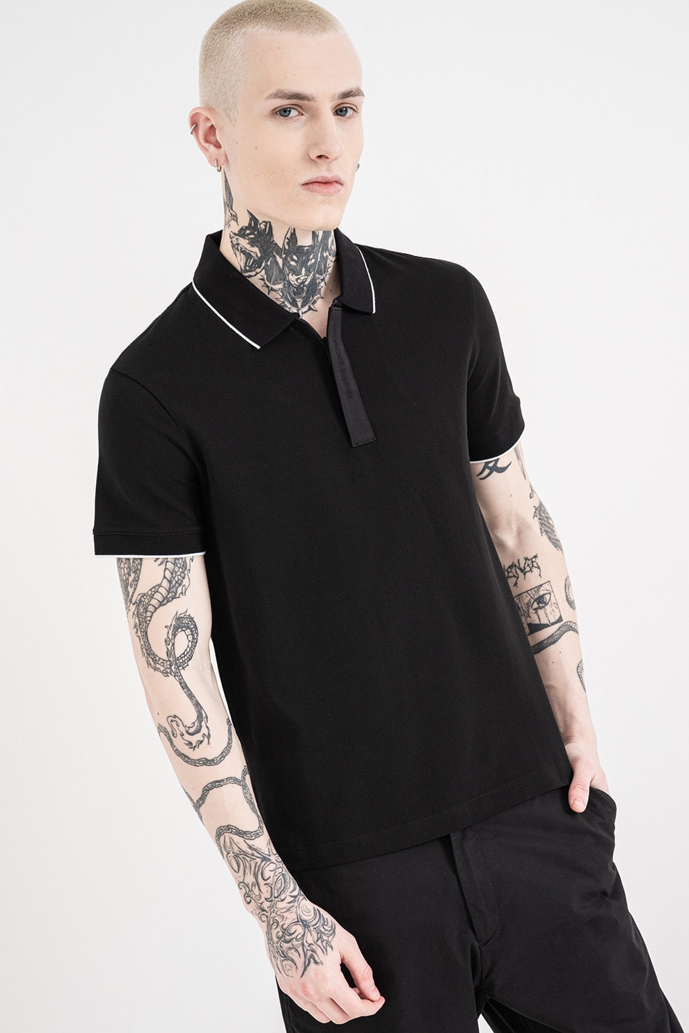 ARMANI EXCHANGE, Tricou polo slim fit cu banda logo, Alb, Negru, S