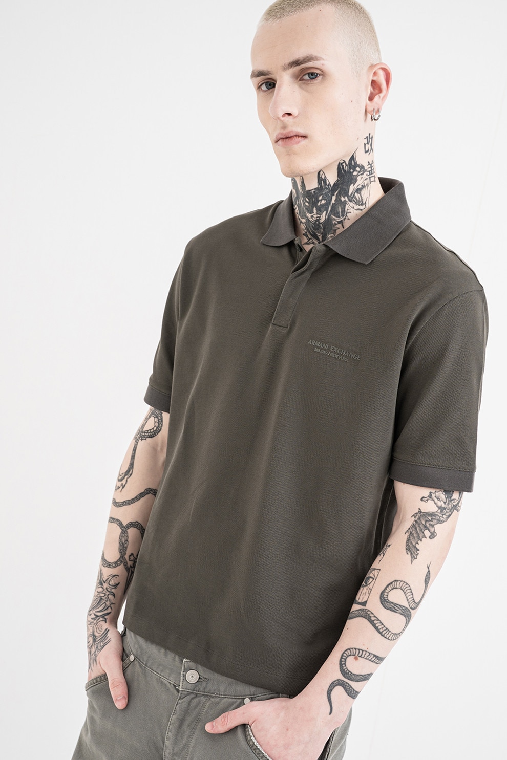 ARMANI EXCHANGE, Tricou polo slim fit cu logo brodat, verde militar inchis, L