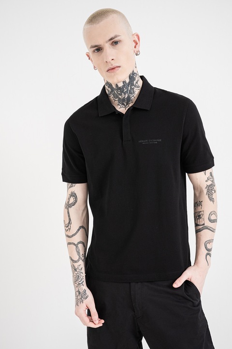 ARMANI EXCHANGE, Tricou polo slim fit cu logo brodat, Negru