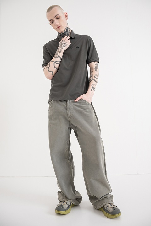 ARMANI EXCHANGE, Tricou polo cu logo brodat, Negru/Kaki inchis