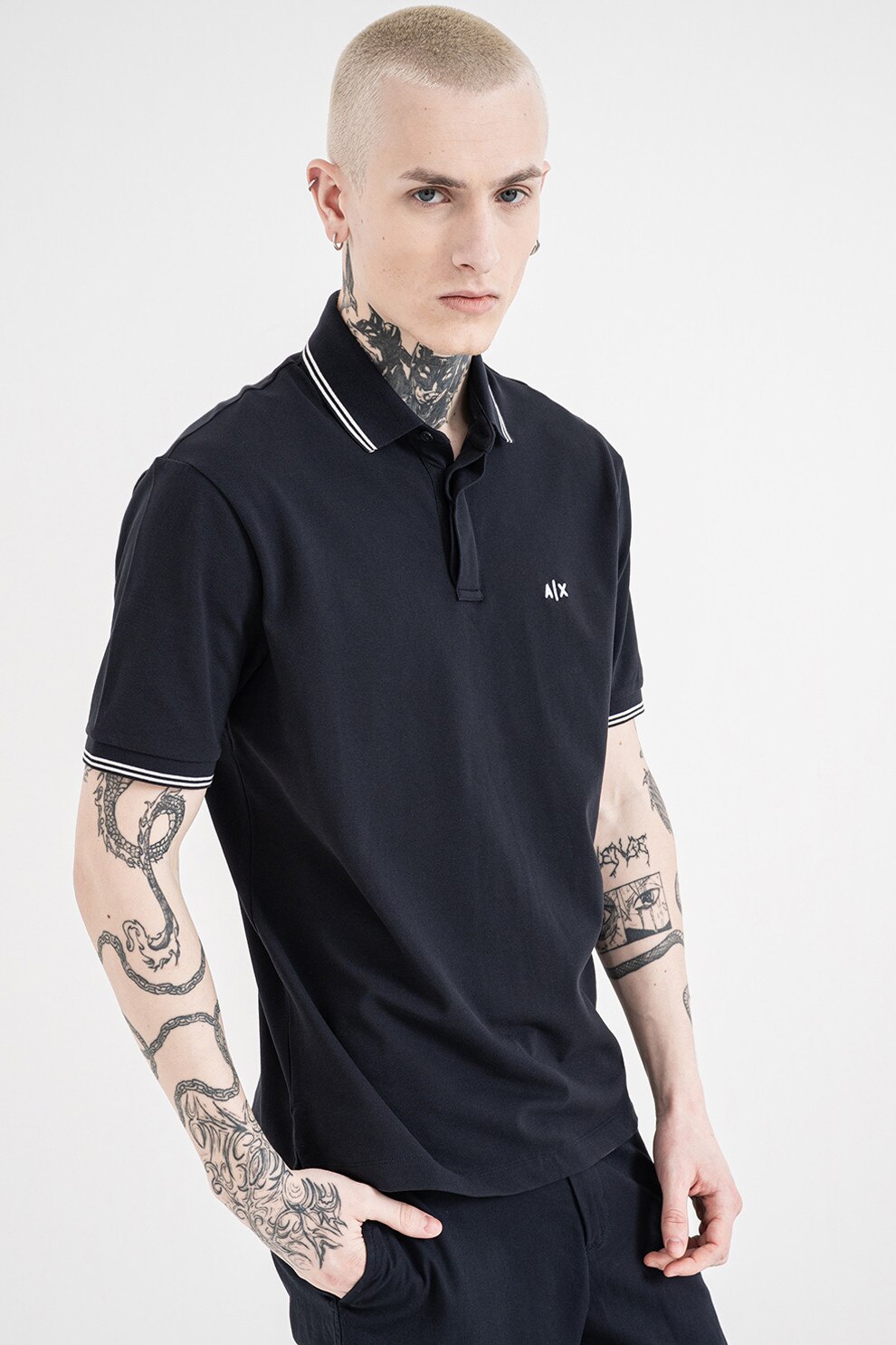 ARMANI EXCHANGE, Tricou polo cu logo brodat, Alb, Bleumarin, L