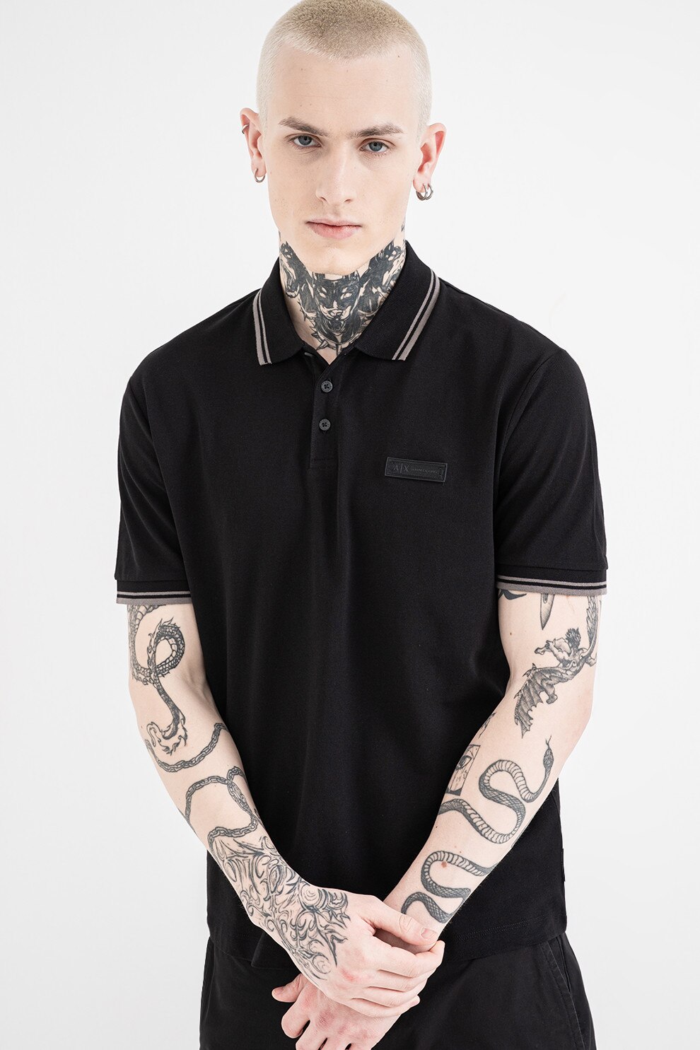 ARMANI EXCHANGE, Tricou polo de bumbac, Gri, Negru, M