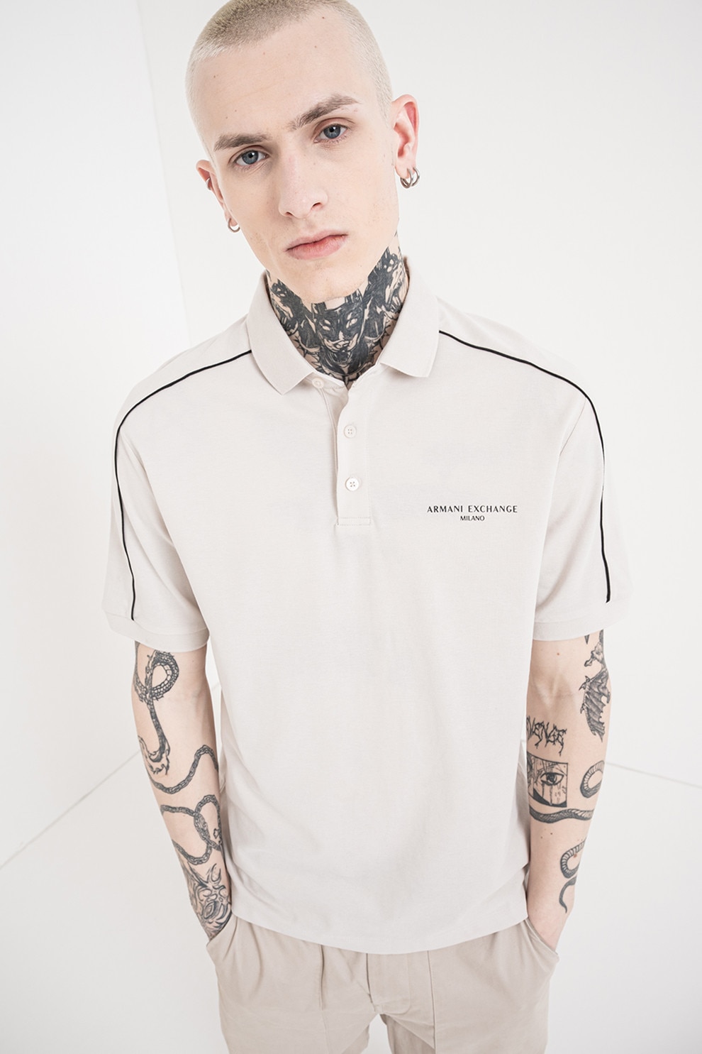 ARMANI EXCHANGE, Tricou polo de bumbac cu logo discret, Gri deschis, Negru, L