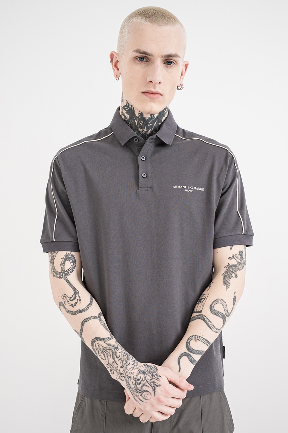 ARMANI EXCHANGE, Tricou polo de bumbac cu logo discret, Gri carbune, L
