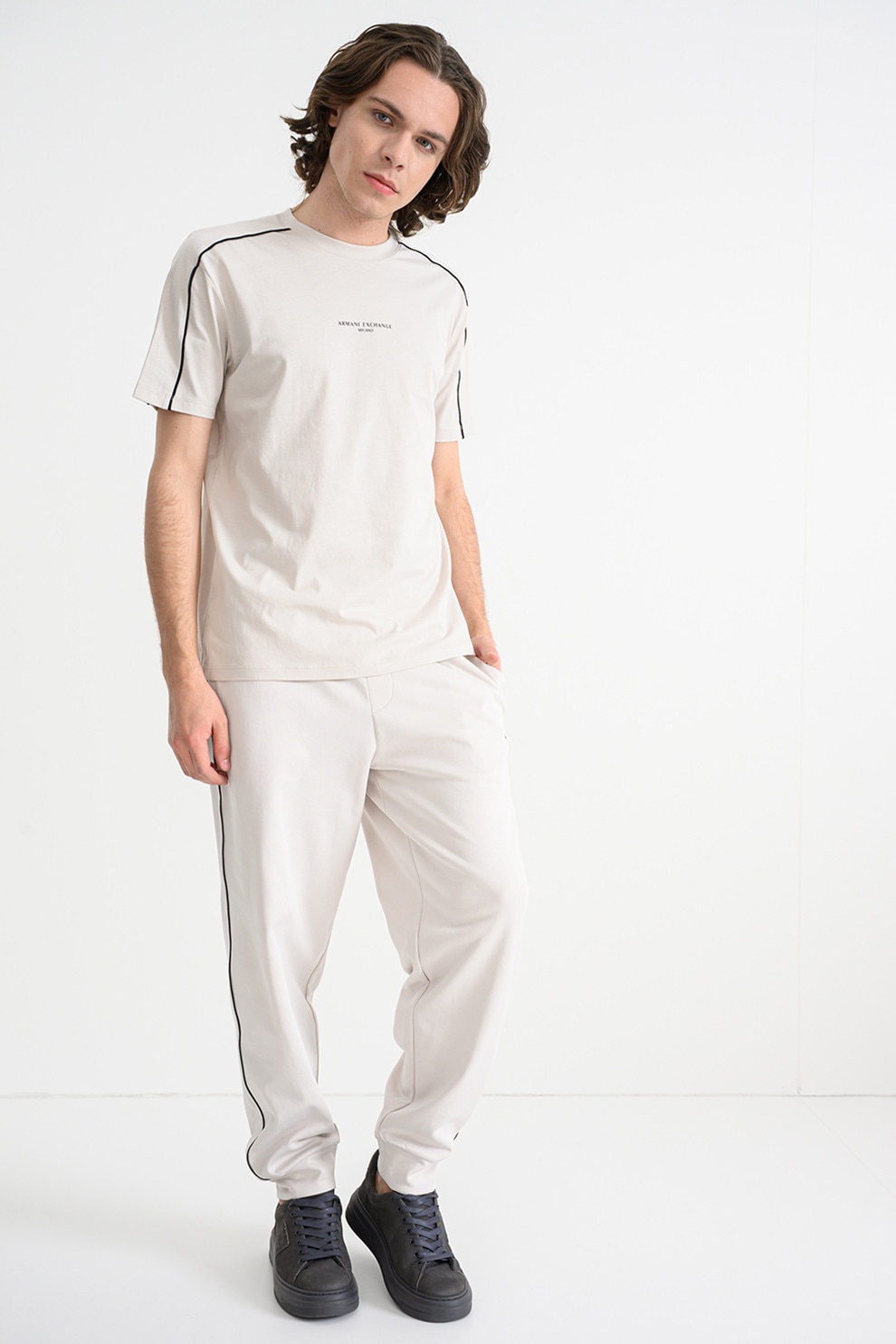 ARMANI EXCHANGE, Tricou de bumbac cu decolteu la baza gatului si logo, Negru, Alb murdar, M