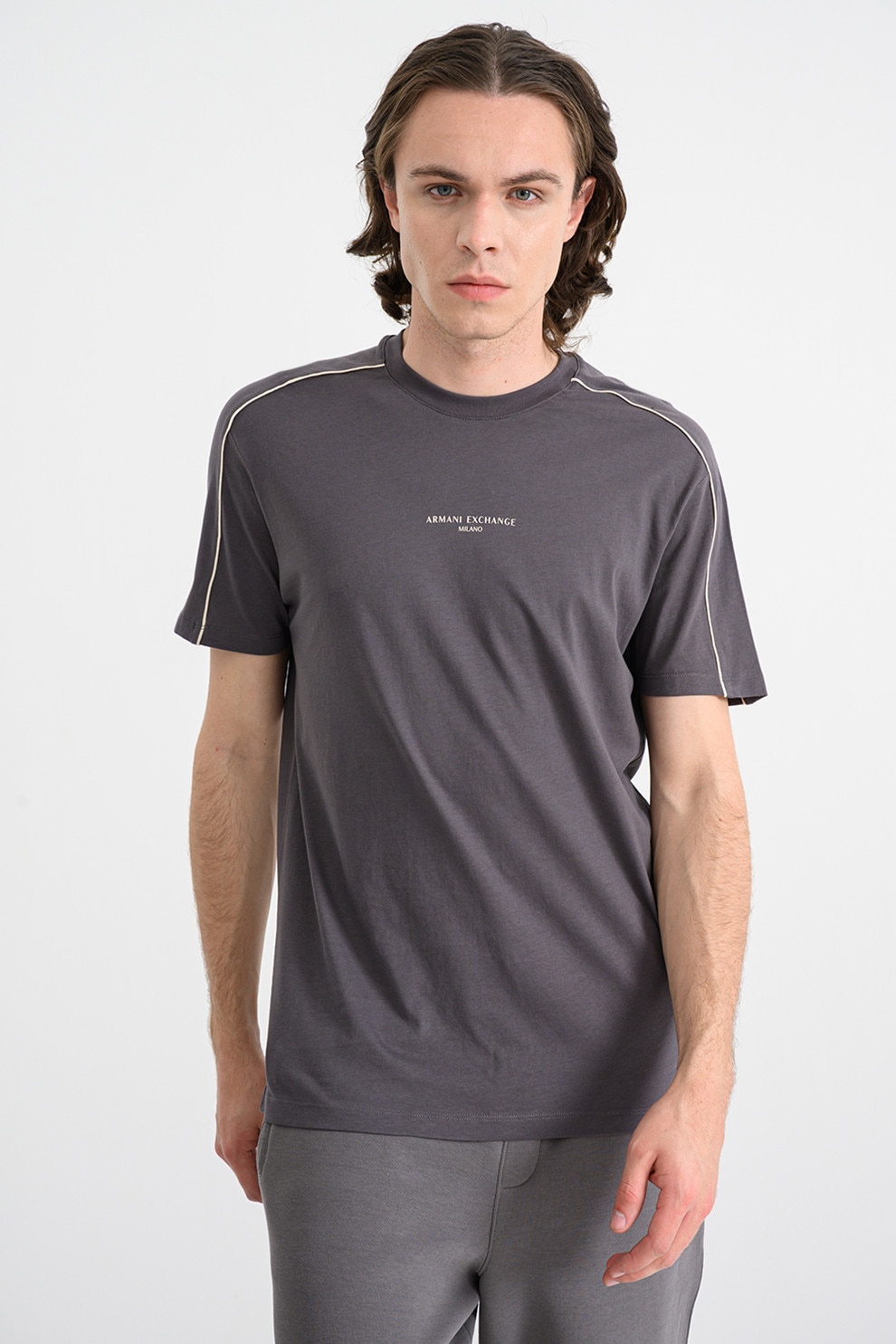 ARMANI EXCHANGE, Tricou de bumbac cu decolteu la baza gatului si logo, Gri antracit, M