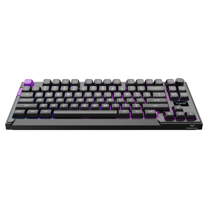Клавиатура PREYON SILENT CLAW TKL Gateron Yellow Pro 3.0 PCSTY85B, RGB, механична, TKL, монтаж с уплътнение, 2.4 GHz, черна