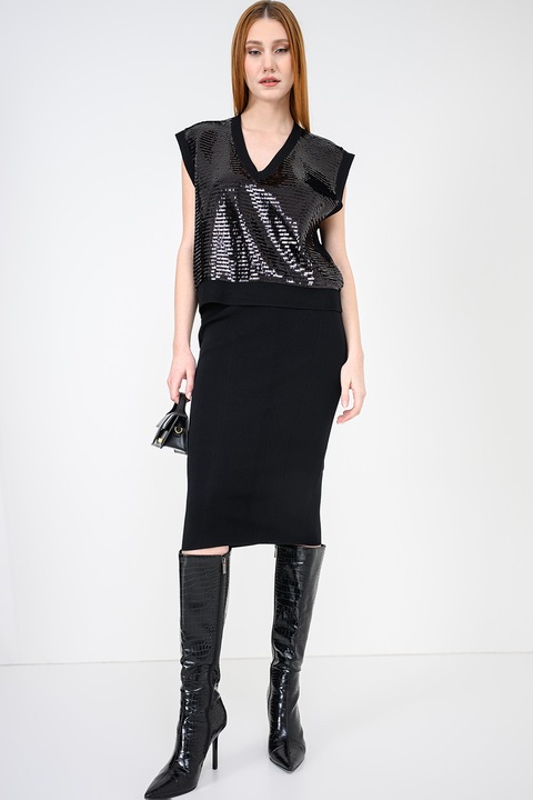 ARMANI EXCHANGE, Pulover fara maneci cu decolteu in V si paiete, Negru, S