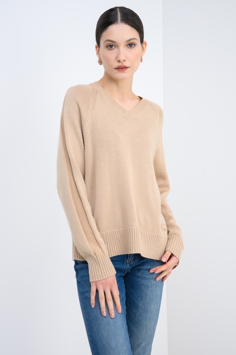 ARMANI EXCHANGE, Pulover din amestec de lana cu decolteu in V, Maro nisip