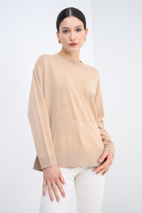 ARMANI EXCHANGE, Pulover de lana virgina cu decolteu la baza gatului, Maro nisip